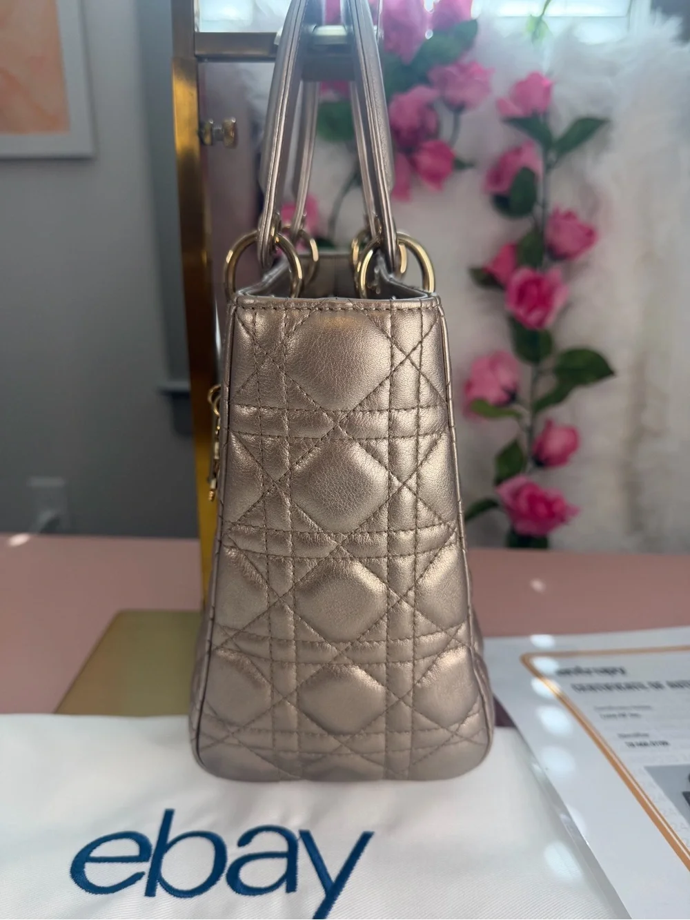 Christian Dior Metallic Lambskin Cannage Medium Lady Dior Bag w/ COA